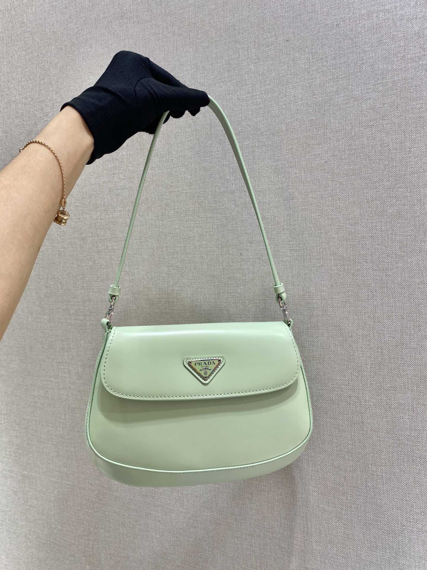 Prada Cleo Brushed Leather Shoulder Bag With Flap Bubble Green 1BD311